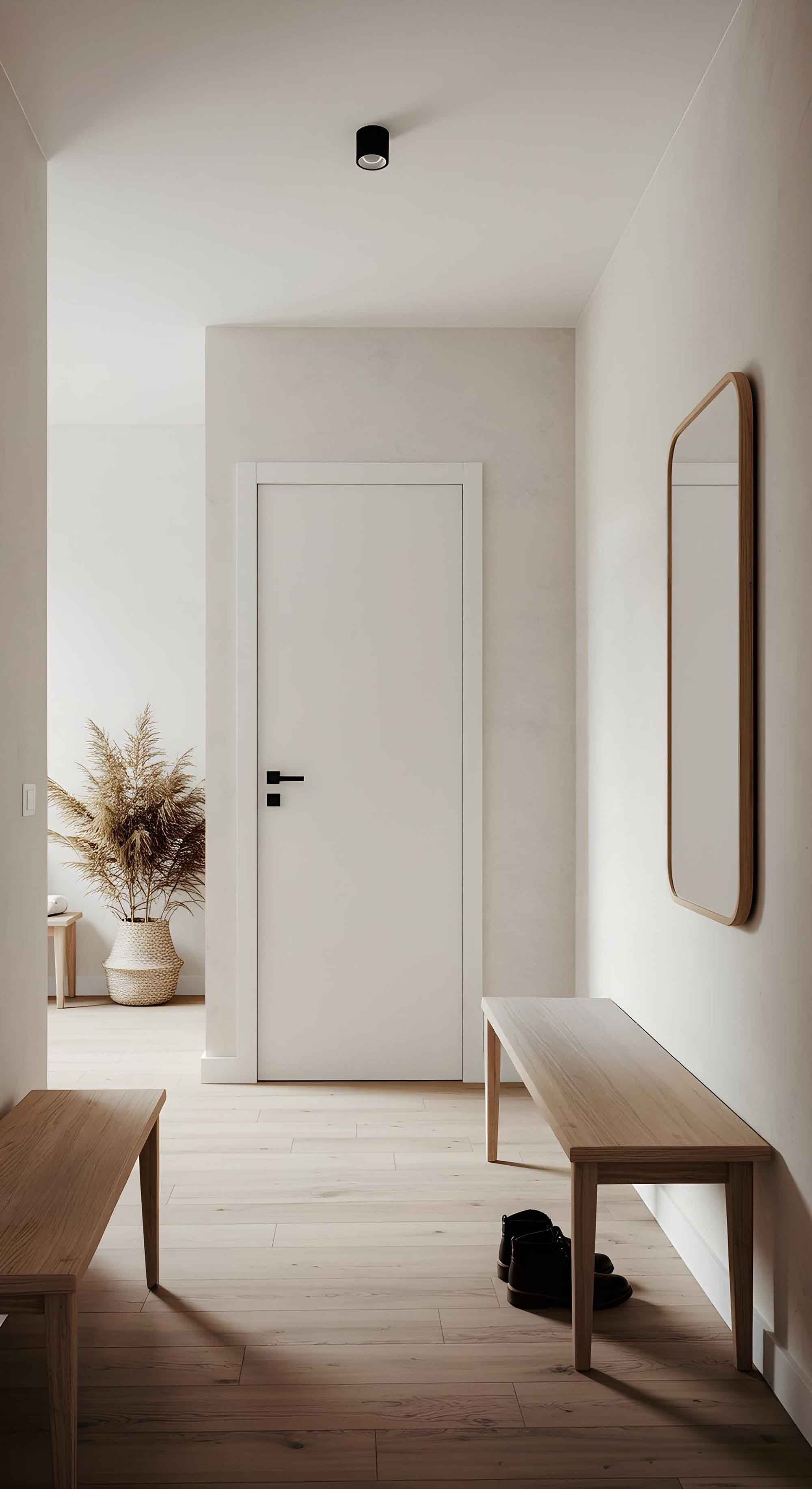 Interior minimalista del pasillo con banco de madera y espejo en Torre del Mar